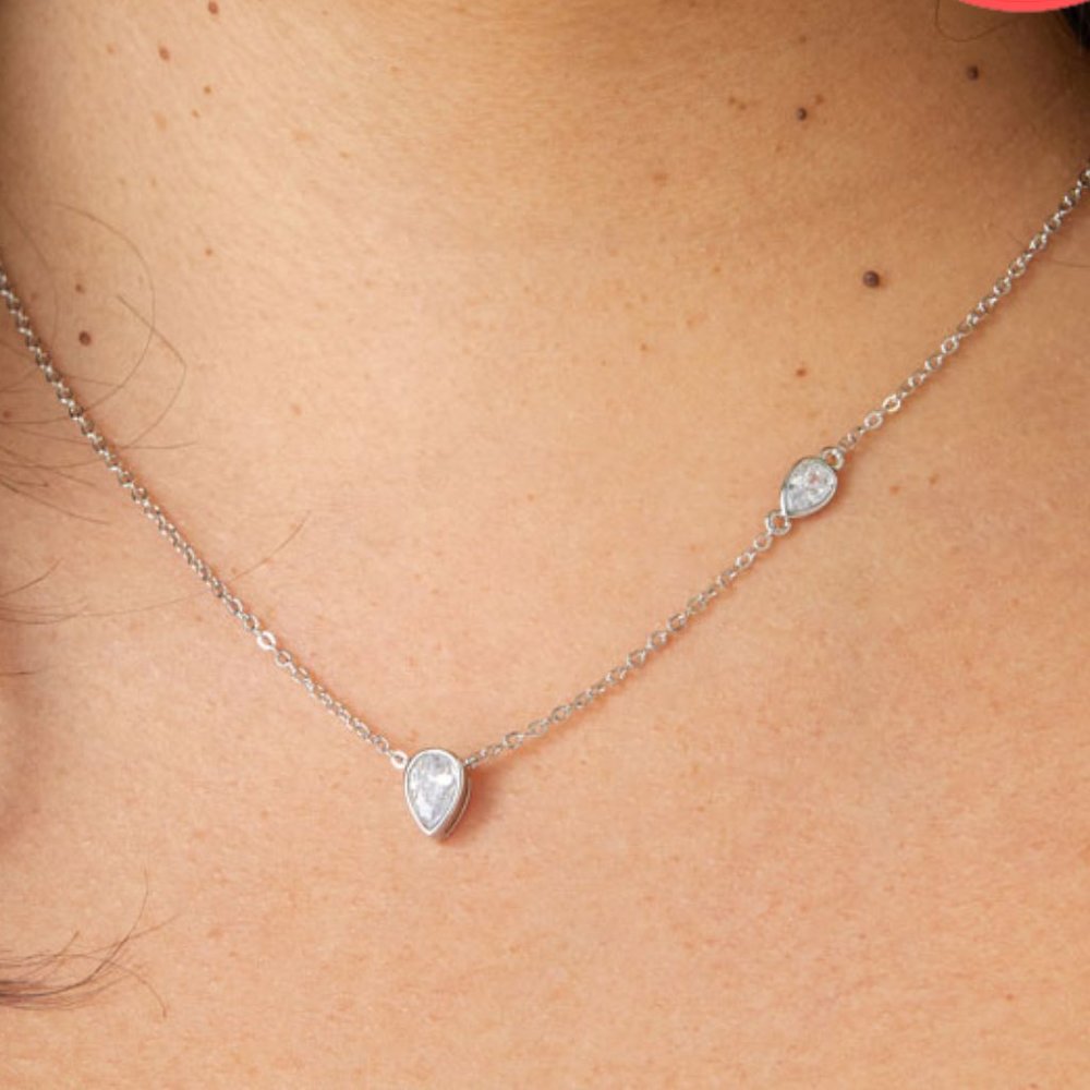 CZ BY KENNETH JAY LANE Pear Bezel Necklace in Silver Tone